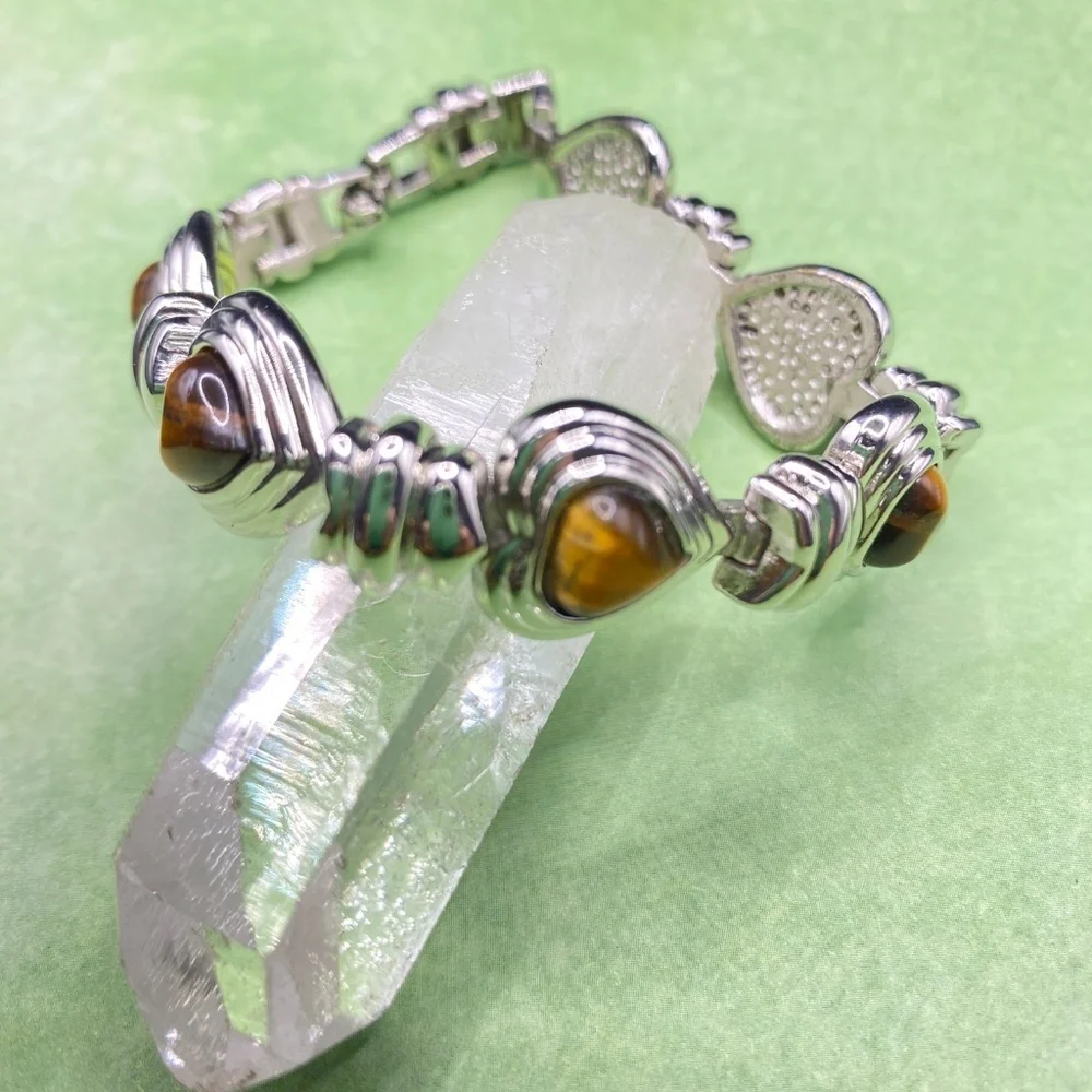 Silver Tone Heart Bracelets Pair Stretchy & Natural Tigereye